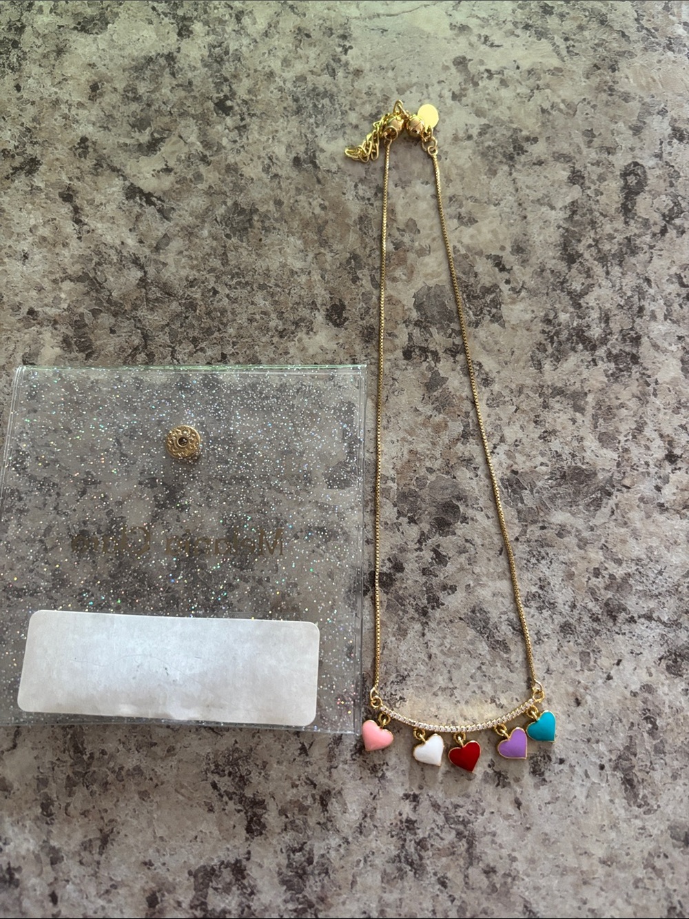 Gold Necklace with Multicolor Heart Charms